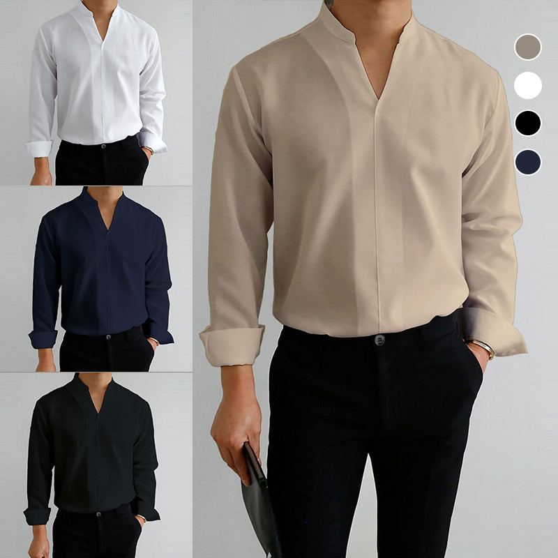 "Herr V-ringad långärmad skjorta i acetat, elegant, lätt material, perfekt för kontoret och avslappnade tillfällen."