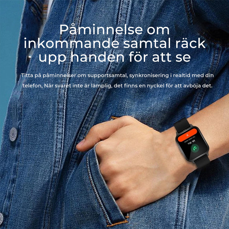 Herr vattentät sportarmband smartklocka med hälsoövervakning, visar 1,7" HD-skärm, IP68 vattentålighet och stilren design.