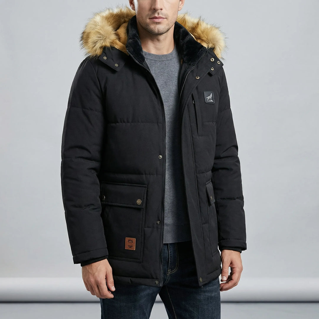 Herr Vinterparkas Jayden, fodrad ytterkläder för vinter. Stilren design & avtagbar huva, håller dig varm.