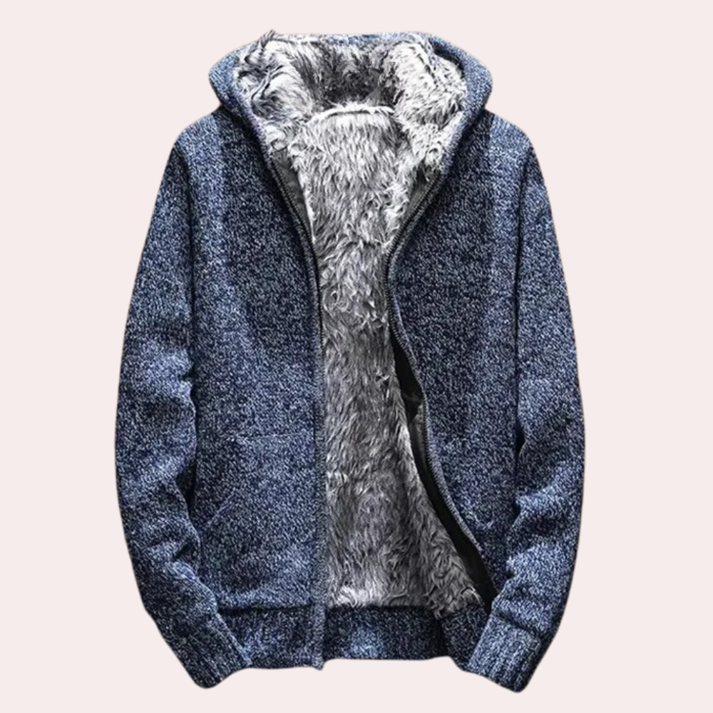 Herr mode huvtröja i stickat material. Avslappnad, varm och stilren för kalla dagar.