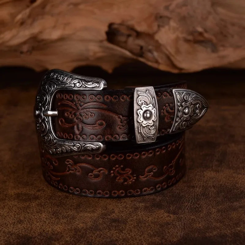 Svart herr westernbälte av koskinn. Vintage läderbälte med unikt silverspänne, perfekt accessoar.