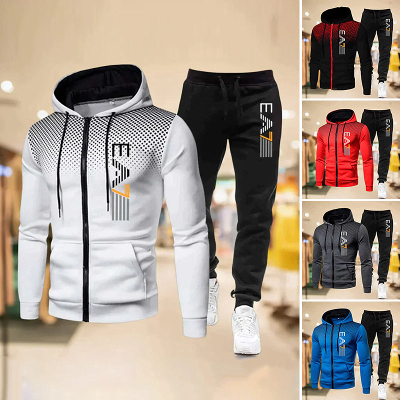 "Herr zip-up hoodie och sweatpants set i sportig design, grå med dragkedja och fickor, perfekt för avslappnad stil."