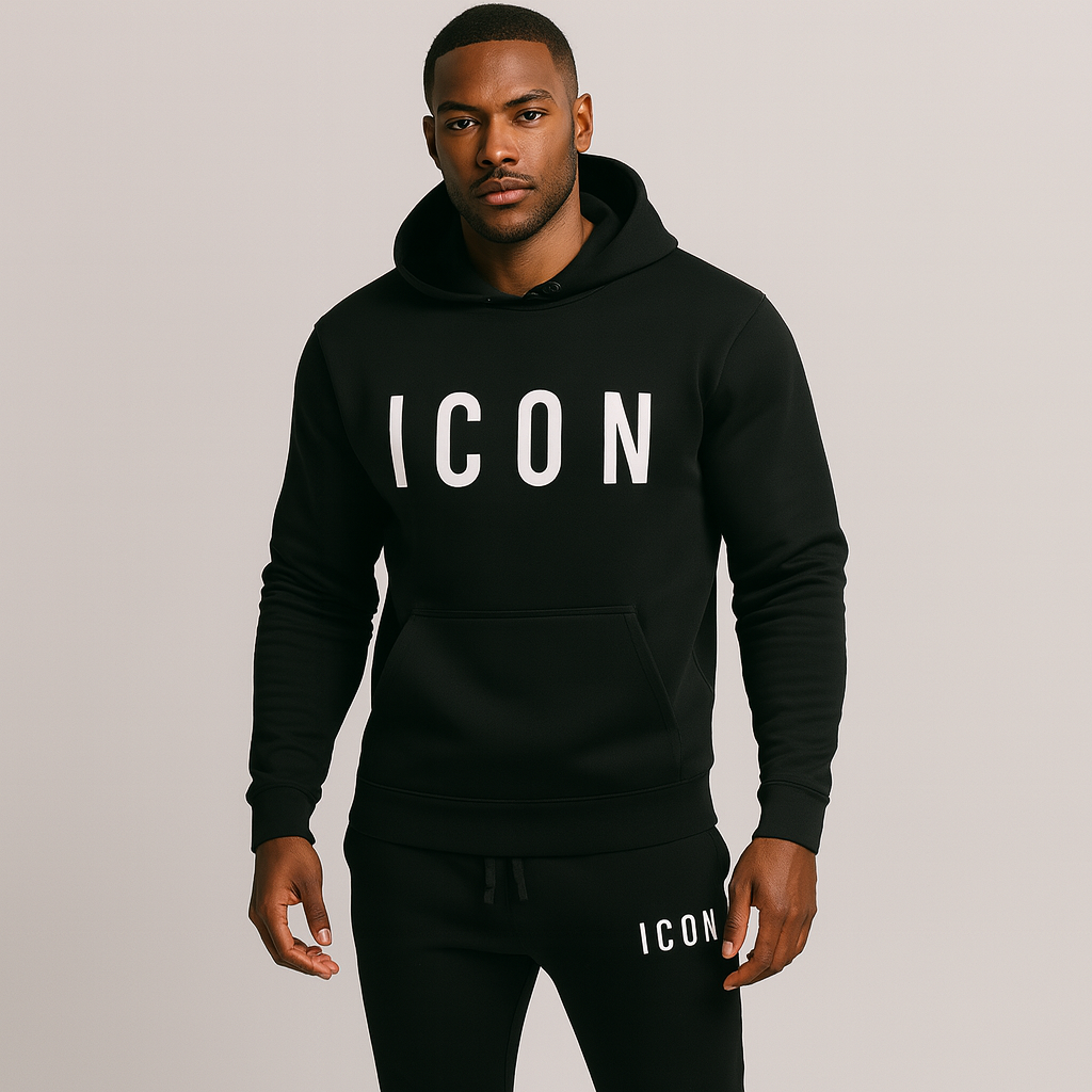 Svart herrset med hoodie & joggingbyxor, perfekt för loungekläder, vardag och sportig komfort.