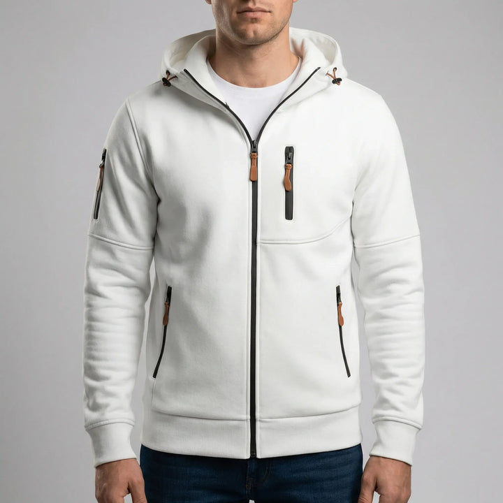 Mångsidig herr ziphoodie i svart, med luva och dragkedja, för en sportig och bekväm stil.