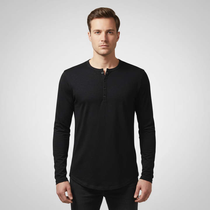 Herrarnas långärmade Henley-tröja med klassiska knappar. Tidlös vardagströja för höst- och vintermode.