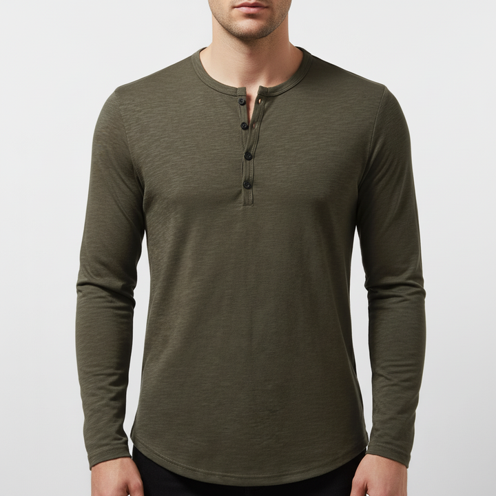 Bekväm och stilren långärmad Henley-tröja för män. Perfekt för lager på lager och avslappnad vardagsstil.