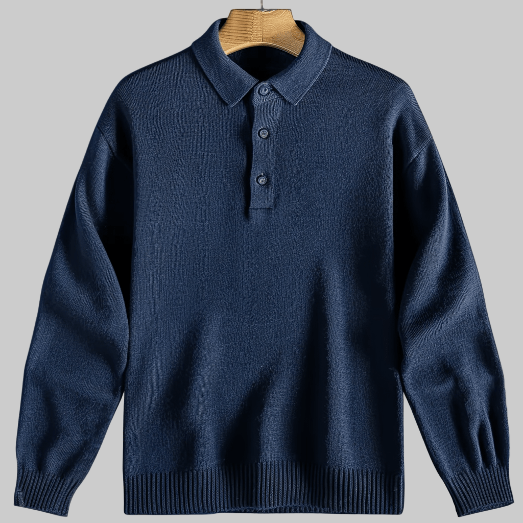 Herrarnas långärmade polotröja, stilren stickad tröja med treknappslå, perfekt för vardag och kontor.