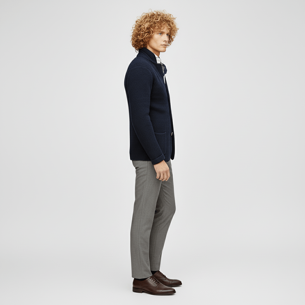 Man bär en strukturerad långärmad herrkofta. Visar casual men elegant herrmode.