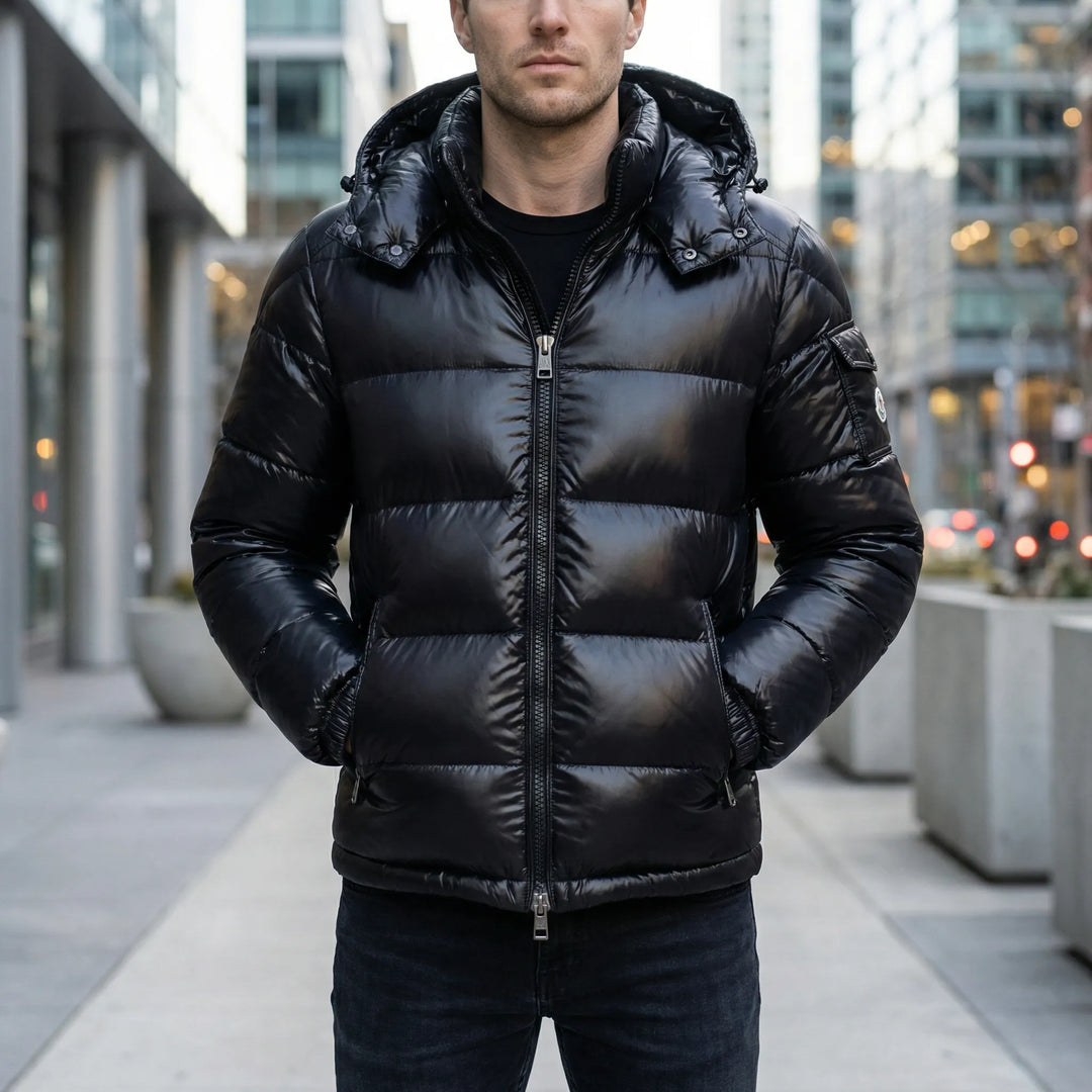 Herrarnas svarta glansiga quiltade vinterjacka Nate. Varm puffjacka för män, stilren och casual.