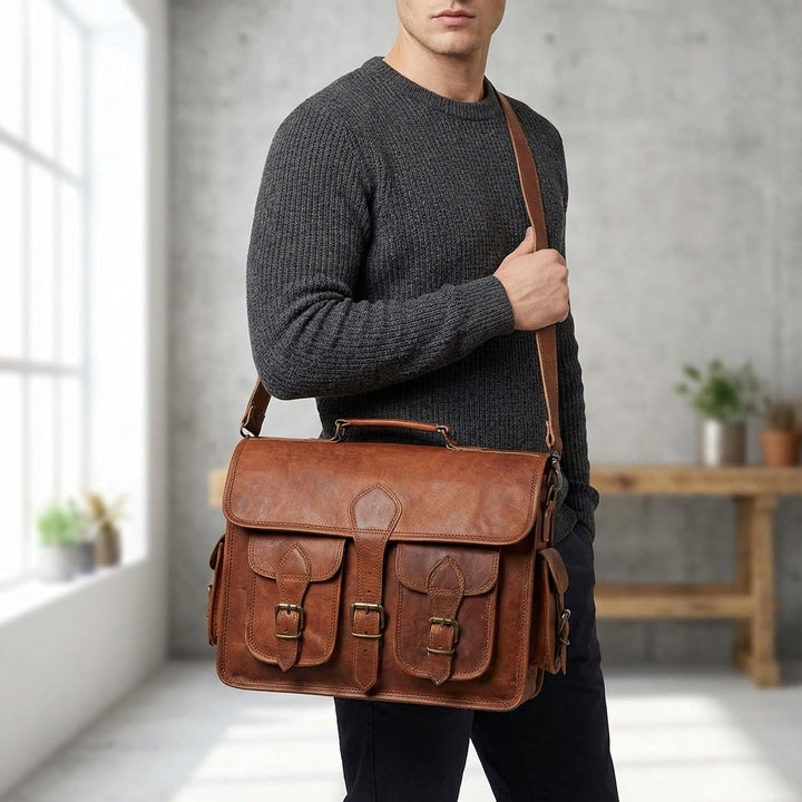 Herrarnas vintage budväska i äkta getläder, perfekt för arbete och fritid, en tidlös herraccessoar.