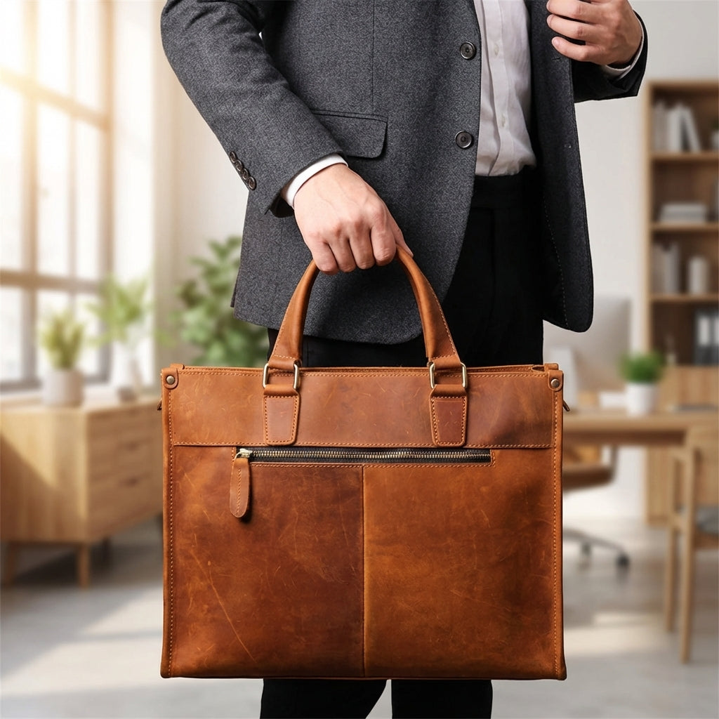 Herrarnas vintage laptopväska i brunt läder, perfekt för en tidlös businesslook och daglig pendling.
