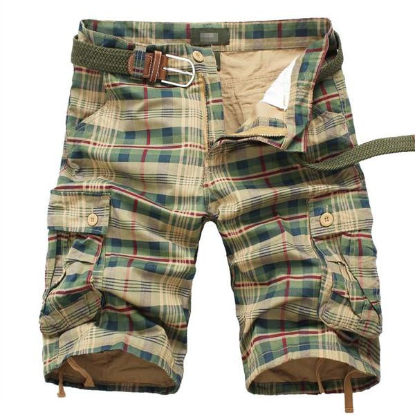 Rutiga cargoshorts för män, avslappnade fritidsshorts med justerbar midja för utomhusbruk