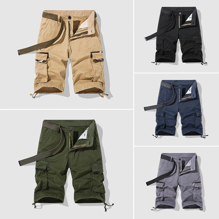Närbild av en ficka på herrars fritidsshorts, belyser dess storlek och fasta stängning.
