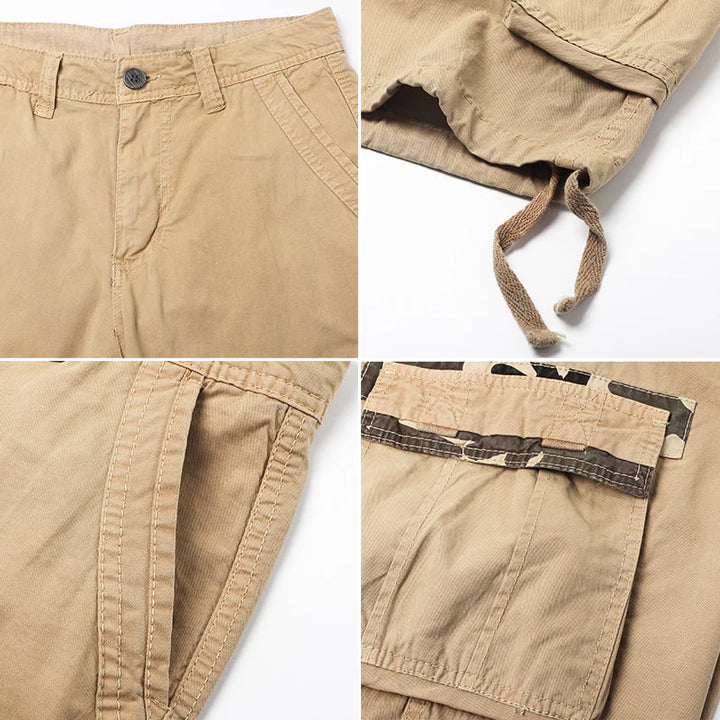 Beige herrars sommarshorts, bekväma och lätta med praktiska fickor för dagligt bruk.