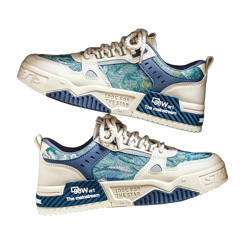 Herrars trendiga, blå sneakers med grafiska mönster, perfekta för casual vår- och höstdagar.