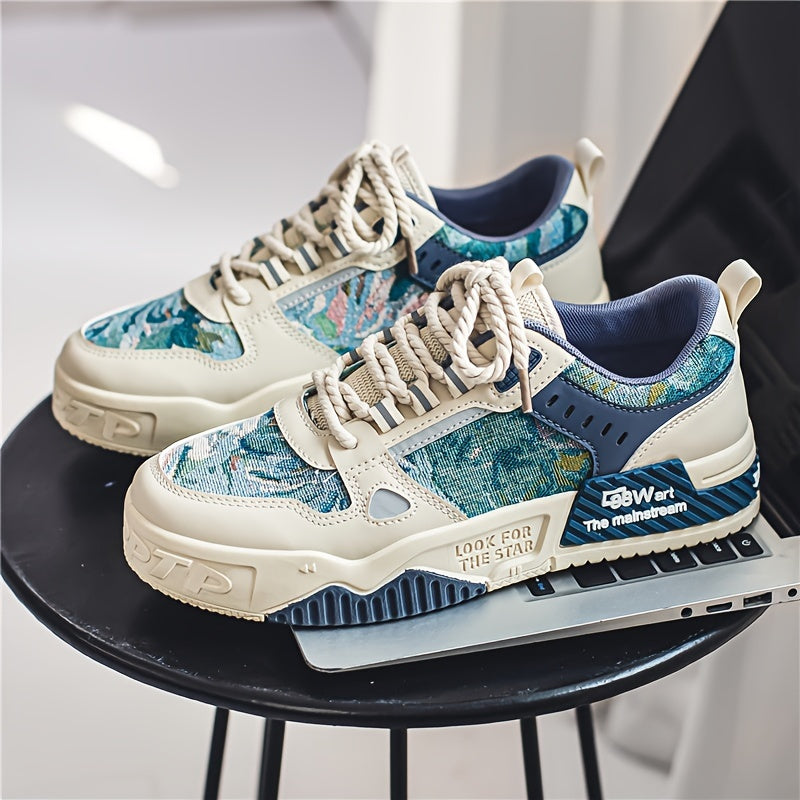 Snygga herrskor: blå grafiska sneakers som kombinerar komfort och en trendig look för hösten.