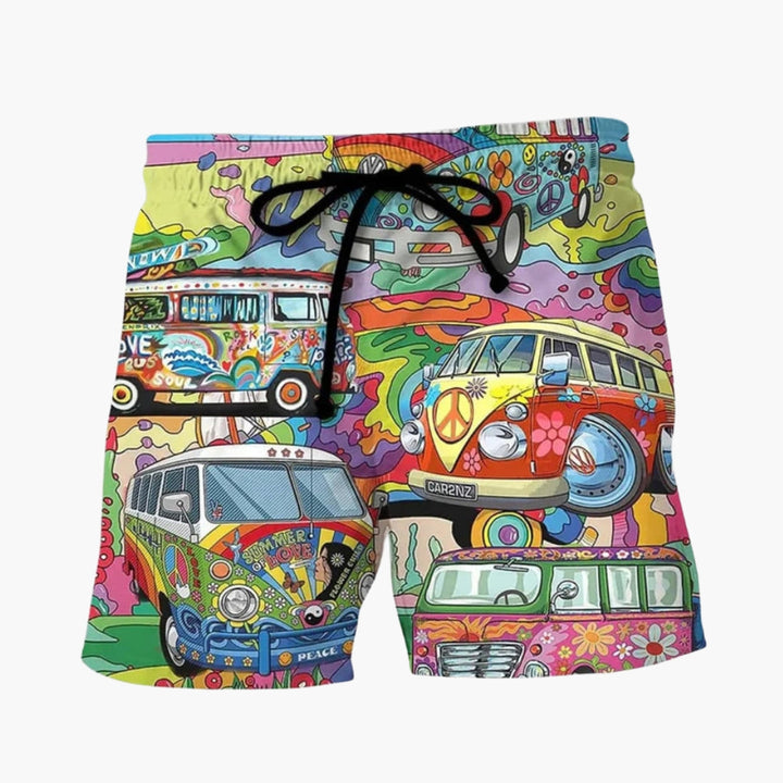 Herrboardshorts med färgglatt tryckt mönster och praktisk dragsko för sommar och strand.