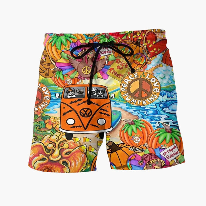 Snygga sommarshorts för män med unikt tryck och bekväm dragsko, idealiska för semester.