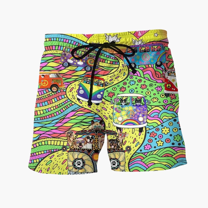 Färgglada herrstrandkläder: tryckta boardshorts med relaxad passform och dragsko.