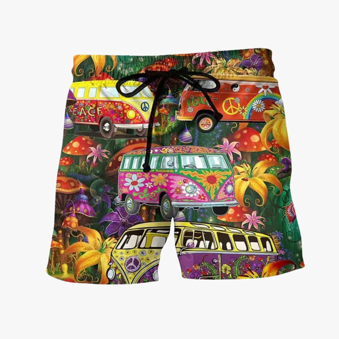 Herrshorts med levande mönster och justerbar dragsko, utmärkta för fritid och badmode.