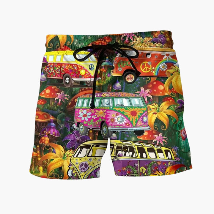 Herrshorts med levande mönster och justerbar dragsko, utmärkta för fritid och badmode.