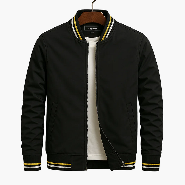Grön herr bomberjacka med dragkedja. Tidlös och modern herrkläder-trend som ytterplagg, lätt att matcha.