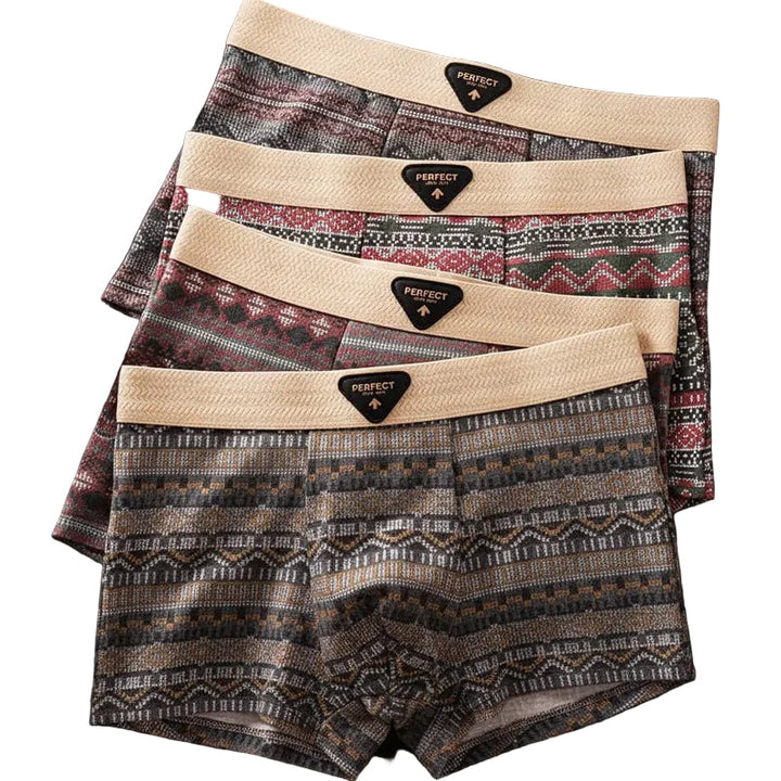 Herrboxershorts med blått geometriskt mönster och U-påse, bekväm bomullsmix för vardagsbruk.