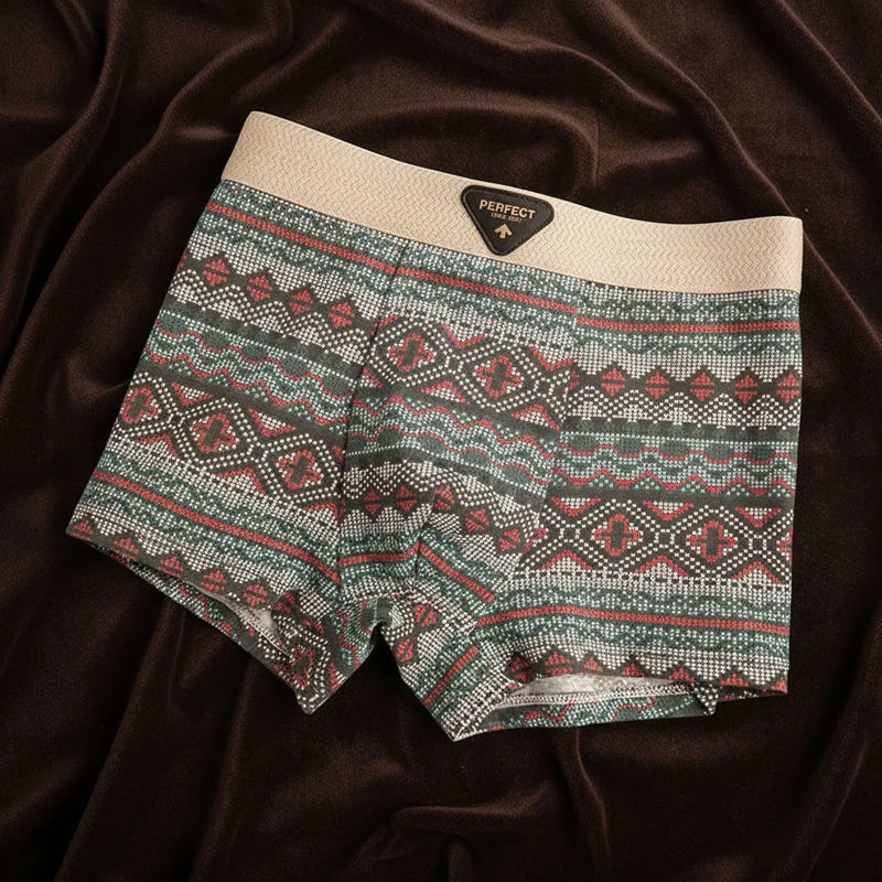 Detalj av det intrikata geometriska mönstret på herrboxershorts, tillverkade i mjuk bomullsmix.