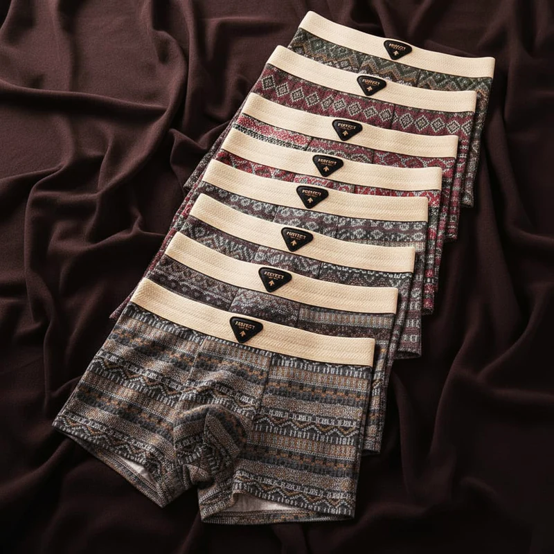 En hög med vikta herrboxershorts, visar det unika geometriska mönstret och kvaliteten i bomullsmix.