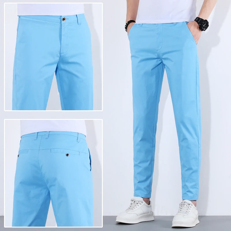 Framsida av herrbyxor slim fit med avsmalnande ben, klassisk och modern design för män