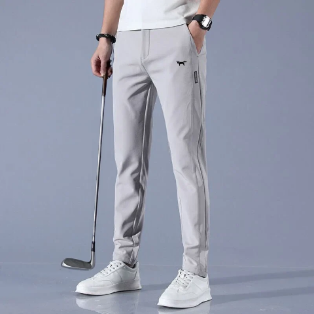 Stilrena herr golfbyxor i stretch, perfekta för golfrunda och bekväma vardagsbyxor.