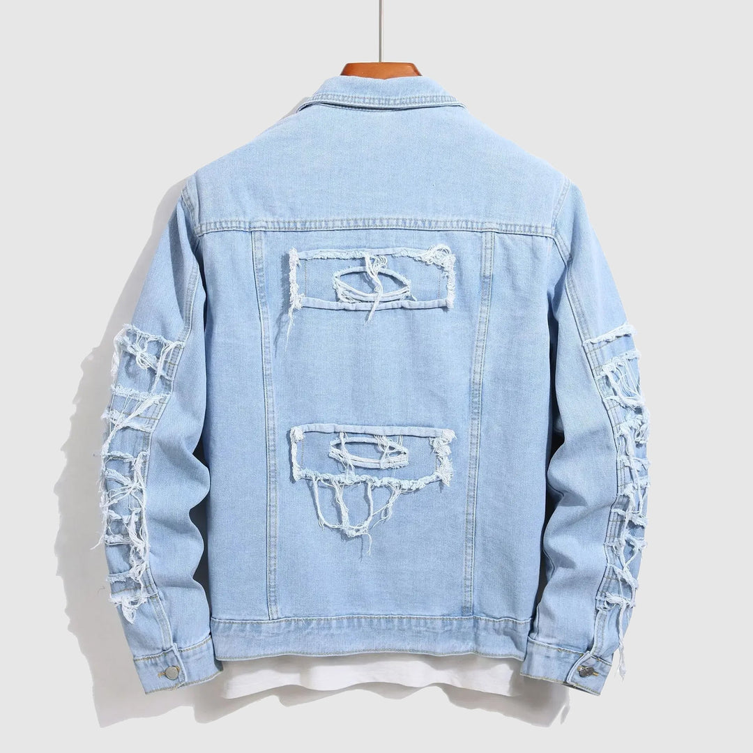 Slimmad blå jeansjacka för herrar med robust design, en mångsidig vår- och höstjacka.