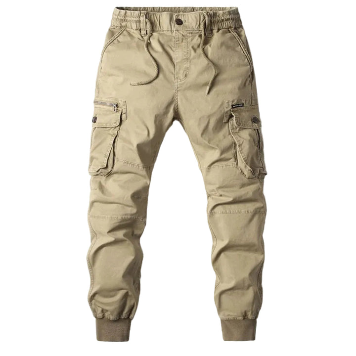 Herrjoggers med lastfickor i khaki, elastisk midja för bekväm passform, sportiga vardagsbyxor.