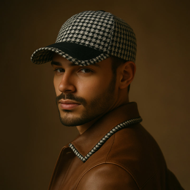 Modeinspirerad herrkeps i houndstooth-tyg med snygga konstläderdetaljer, justerbar passform.