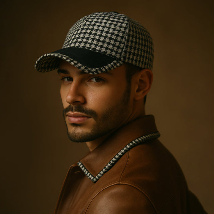 Modeinspirerad herrkeps i houndstooth-tyg med snygga konstläderdetaljer, justerbar passform.