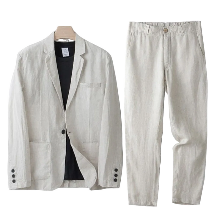 Herrlinneset i beige för sommarbruk, avslappnad men elegant stil, perfekt för stranden.