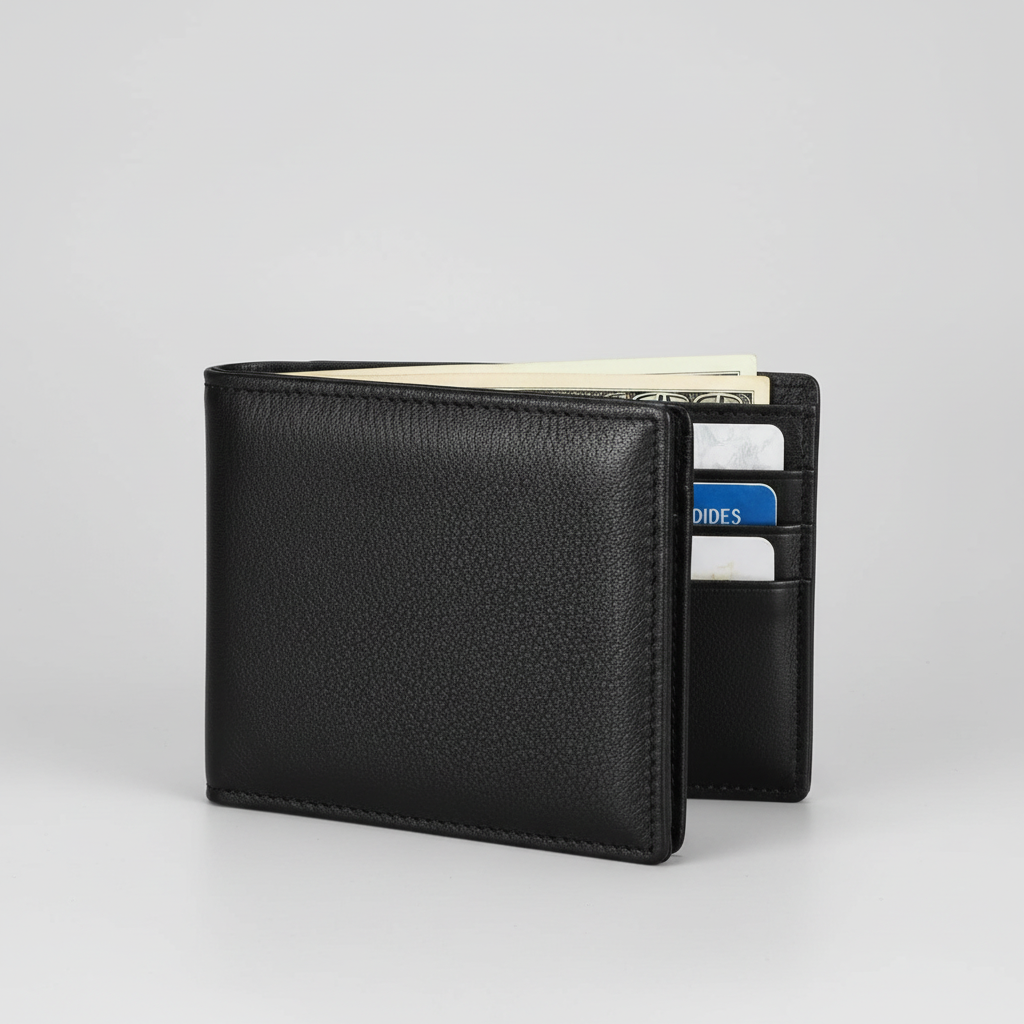 Svart läderplånbok för herrar med RFID-skydd, stilren och slimmad. Elegant herraccessoar.