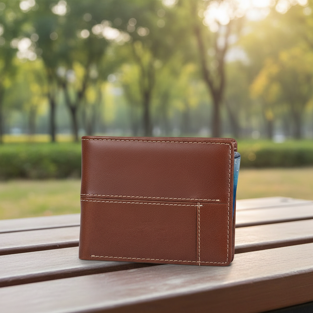Herrplånbok i äkta läder med RFID-skydd. Klassisk bifold design i elegant brun nyans.