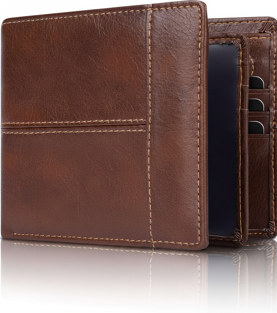 Elegant herrplånbok i läder, idealisk present med RFID-skydd och kompakt bifold design.