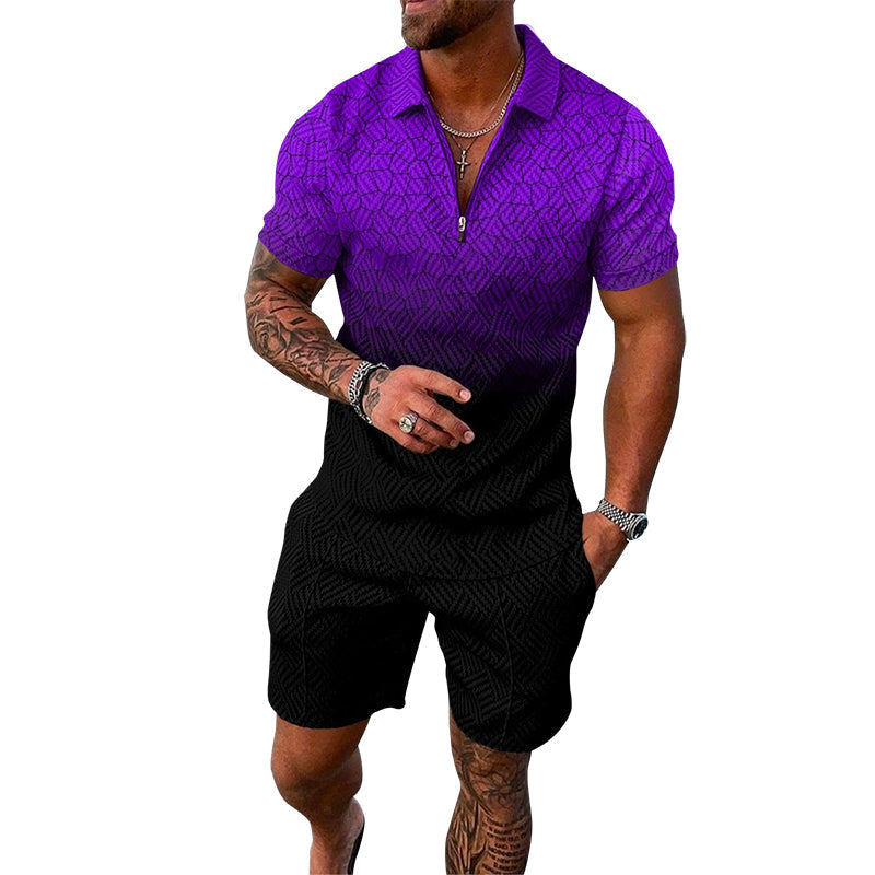 "Herrset med tryckt polo T-shirt och shorts, casual sommaroutfit, livliga mönster, perfekt för avslappnade stunder."