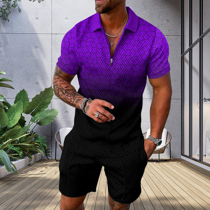 "Herrset med tryckt polo T-shirt och shorts, casual sommaroutfit, livliga mönster, perfekt för avslappnade stunder."