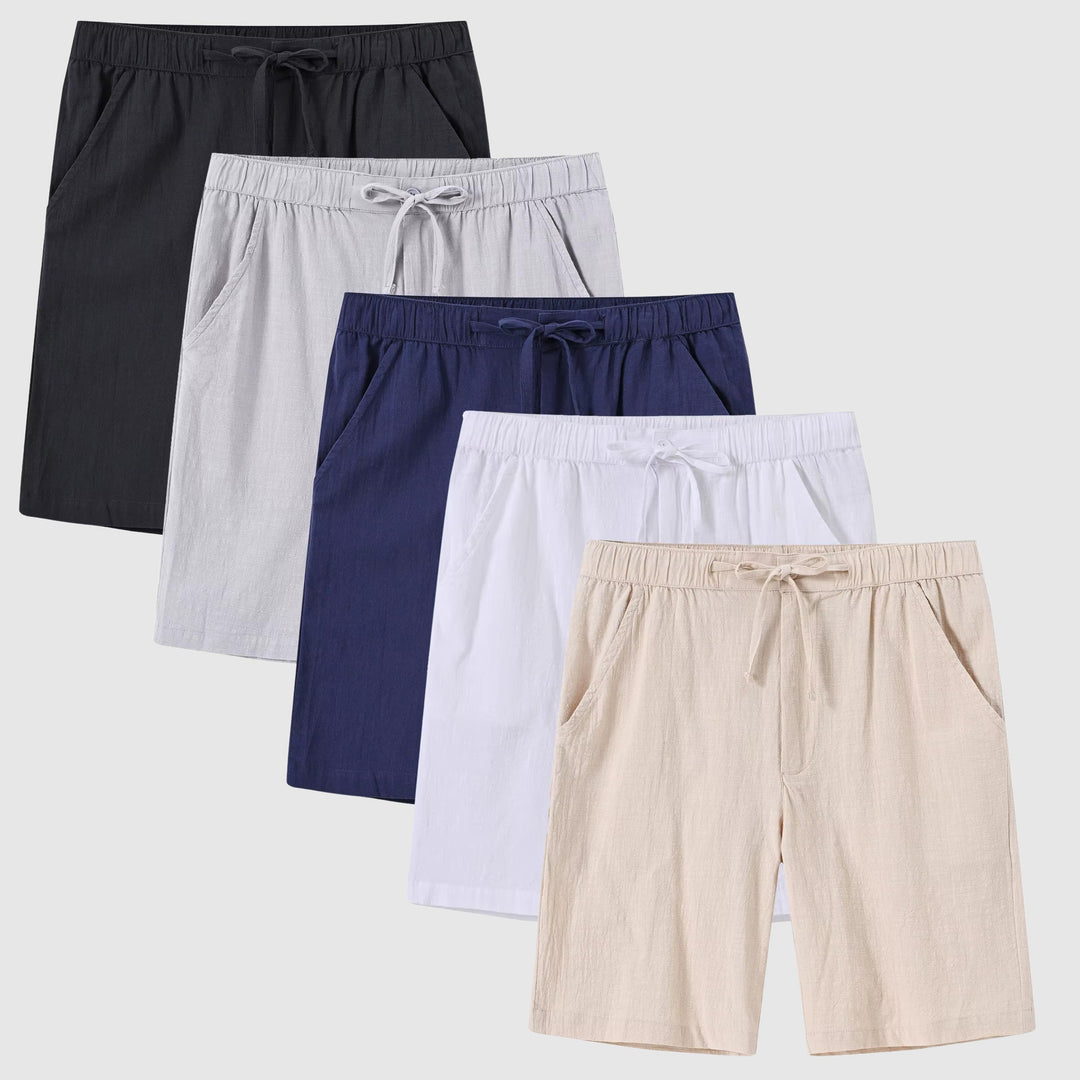 Herrshorts i linne, avslappnad passform, medelhög midja, perfekt för sommar och beachwear.