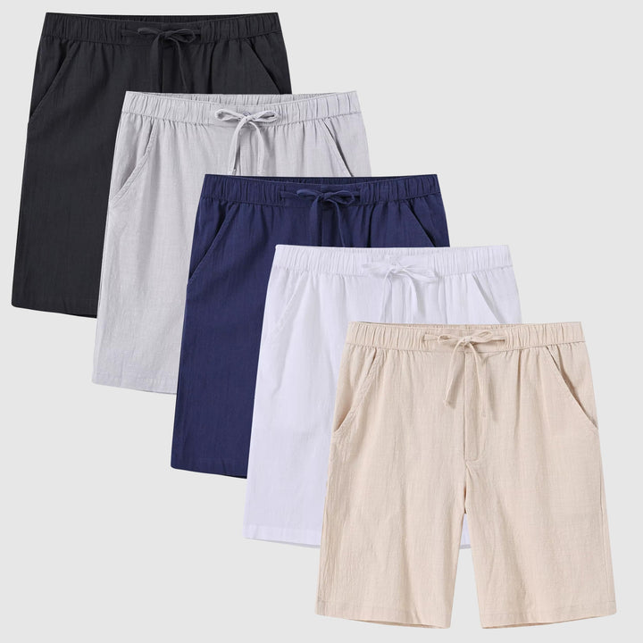 Herrshorts i linne, avslappnad passform, medelhög midja, perfekt för sommar och beachwear.