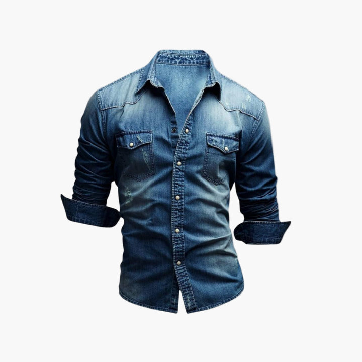Svart herrskjorta med tryckknappar, design i avslappnad västernstil. Elegant casual skjorta för herrmode.