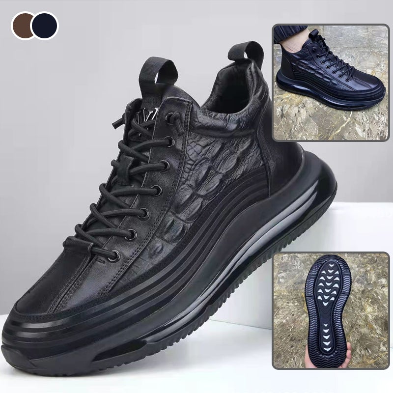 "Herrsneakers med läderfinish, krokodiltryck, stilren design, slitstarka skor för vardag och fest."
