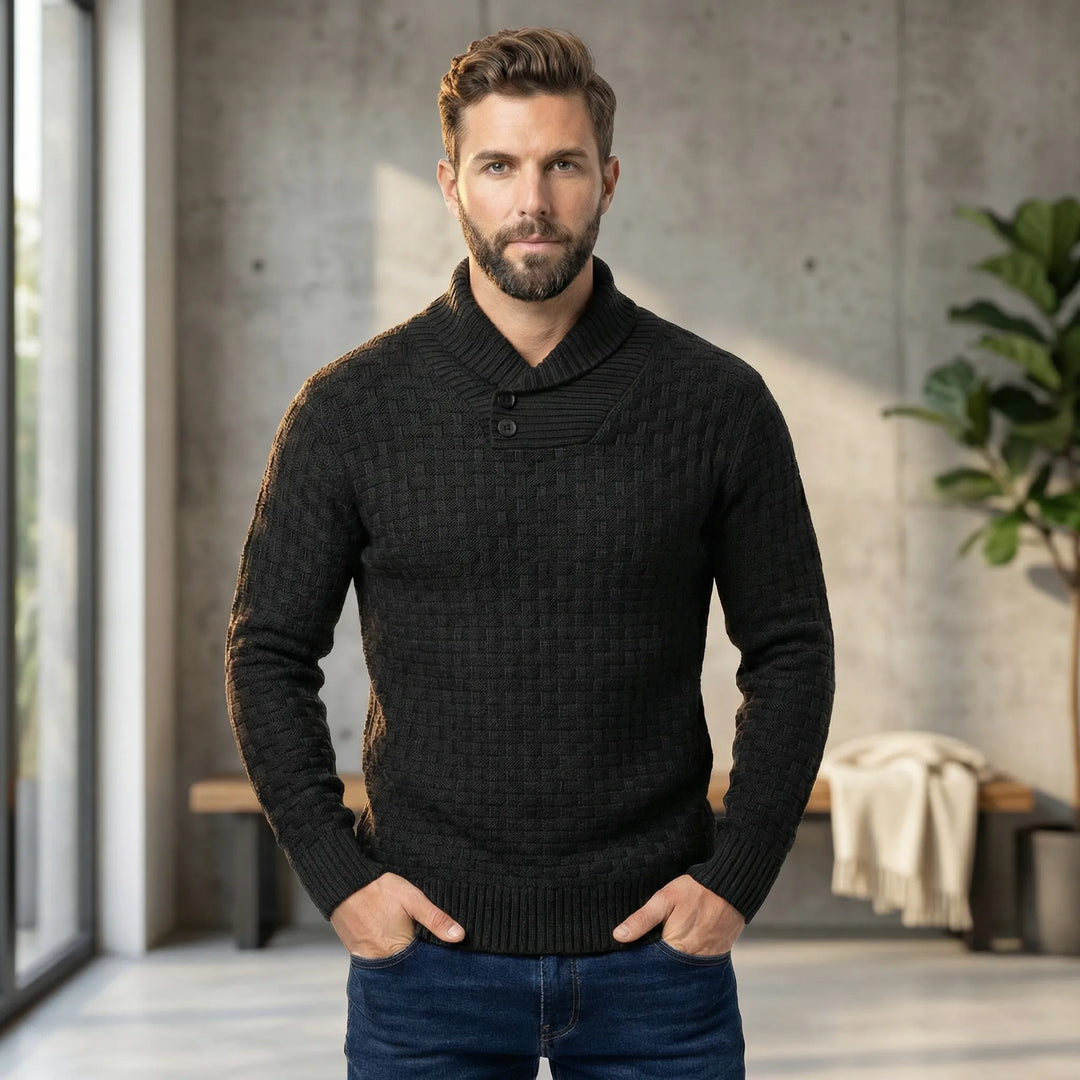 Herrtröja Lenny med elegant sjalkrage, stickad textur, bekväm för vinter & stilfullt herrmode.