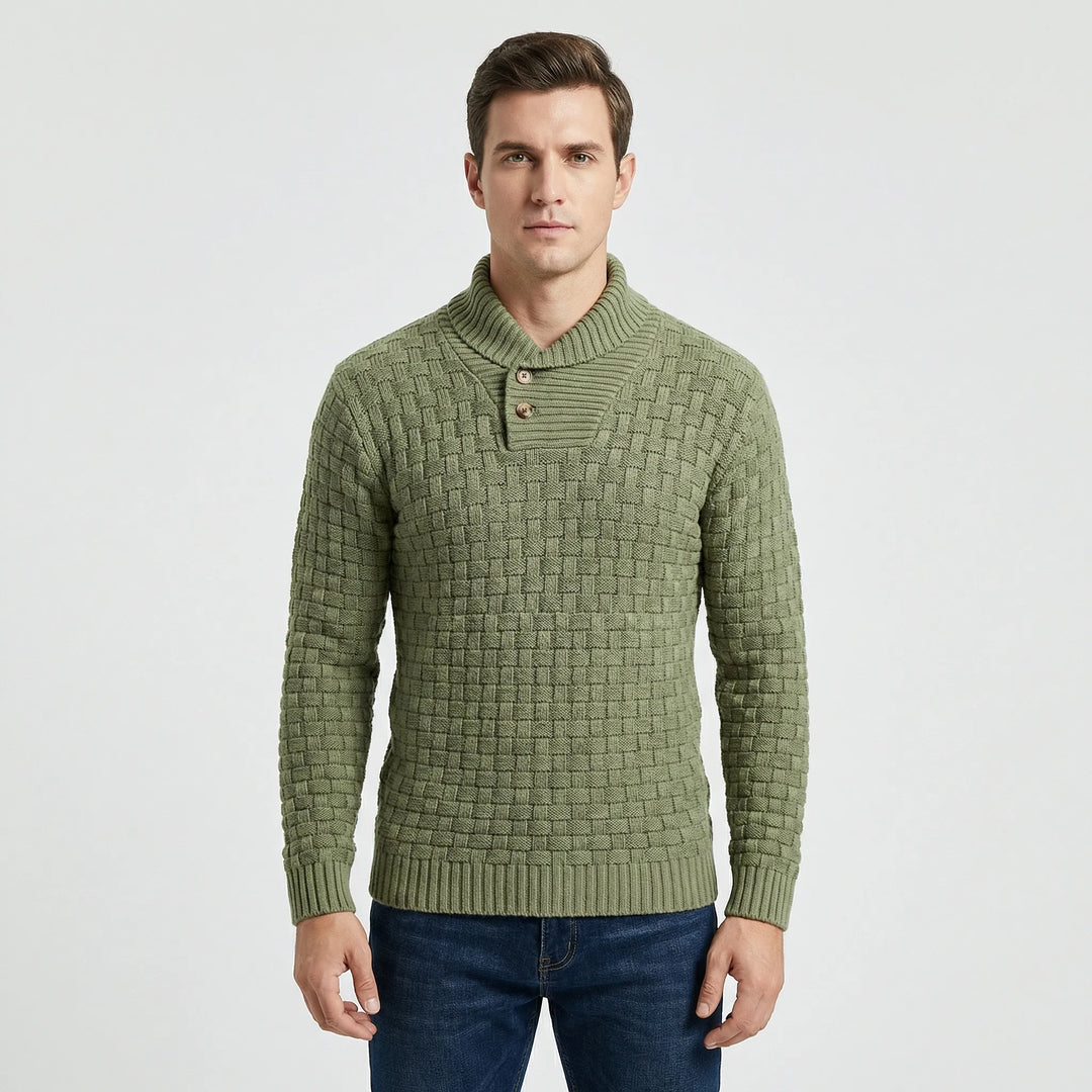 Långärmad herrtröja med sjalkrage & stickmönster. Perfekt som varm vintertröja för herrmode.