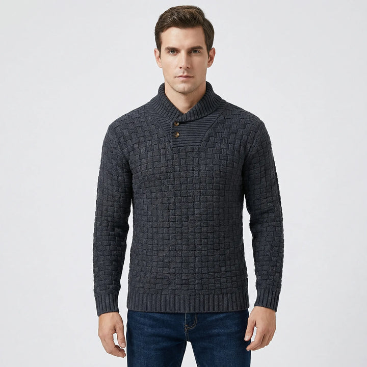Herrpullover Lenny, stickad med strukturmönster & klassisk sjalkrage. Idealisk för elegant herrmode.