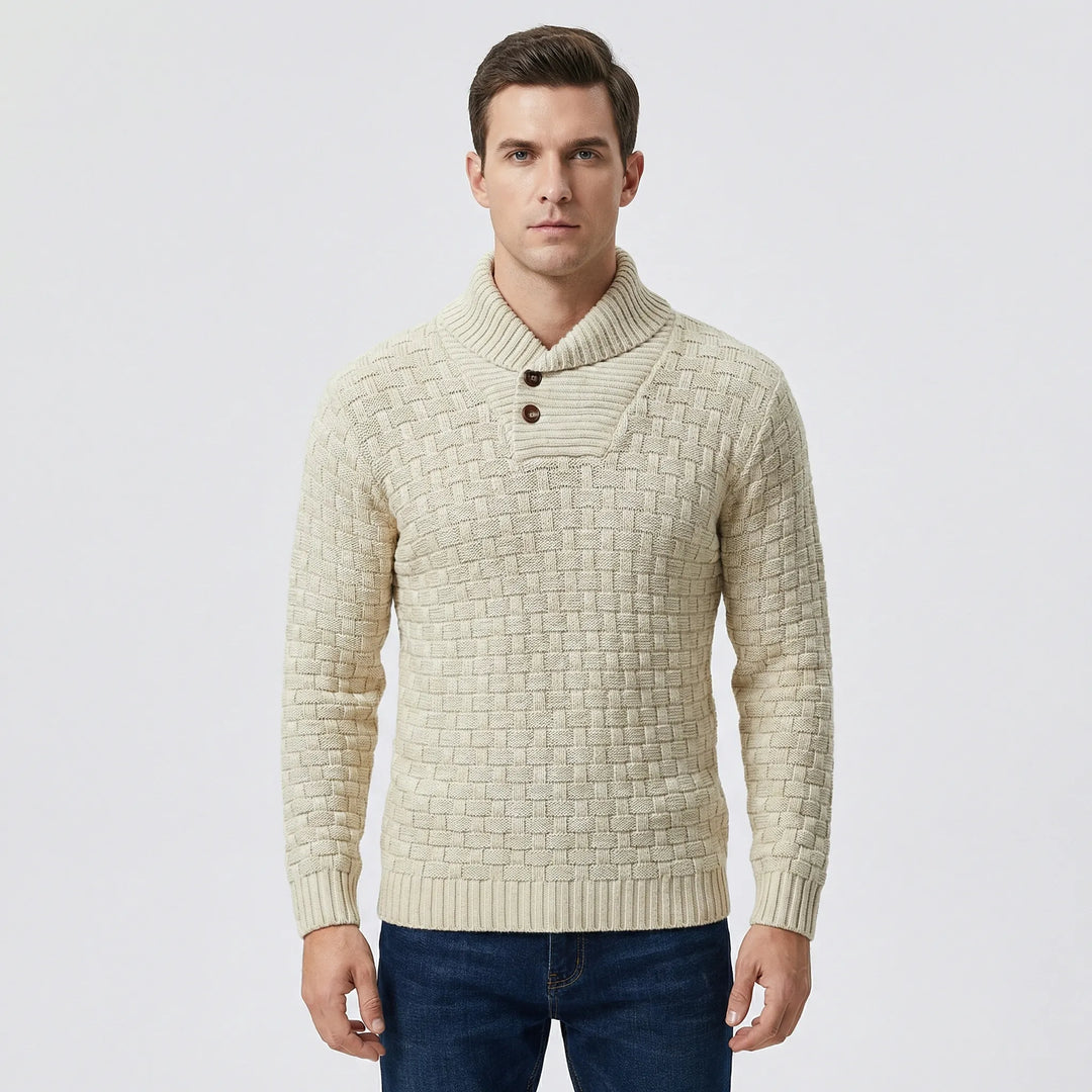 Snygg herrtröja med stickat mönster, sjalkrage & långa ärmar. Perfekt för ledigt, elegant herrmode.