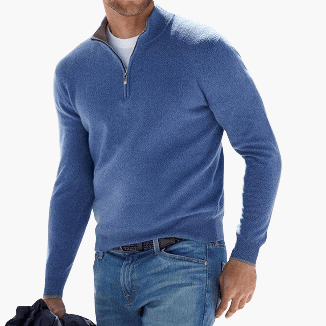 Mörkblå herrtröja med dragkedja, en flexibel sweatshirt för vardag och lager. Bekväm tröja.